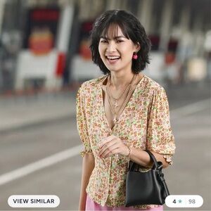 Mango Floral Puff Sleeve Blouse S 4 NWT V Neck Viscose Romantic Top